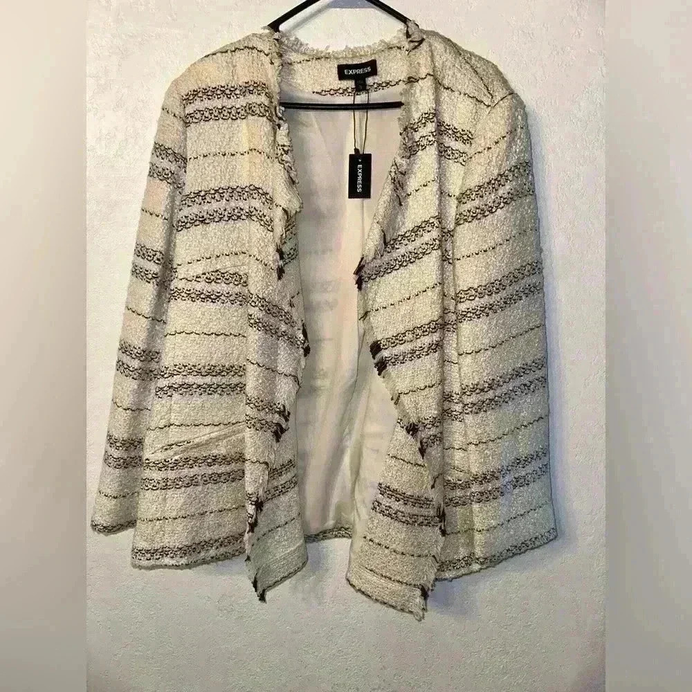 Express Open Front Blazer Womens Size XL Cream W Black - Picture 2 of 5